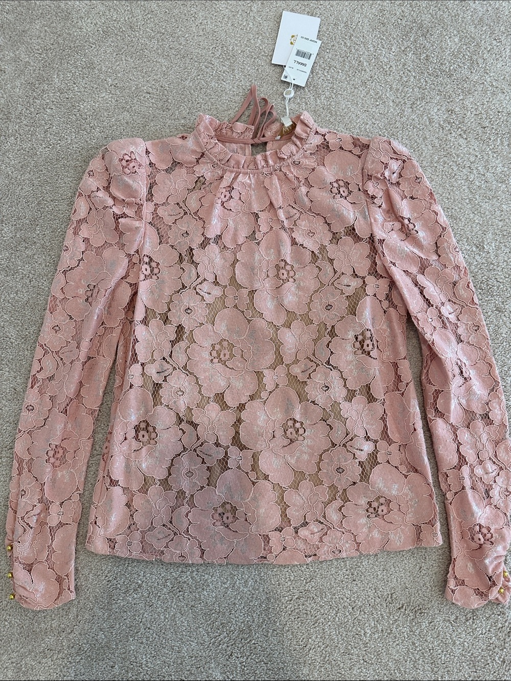 Wayf Blush Pink Floral Lace Long Sleeve Mock Neck Top
